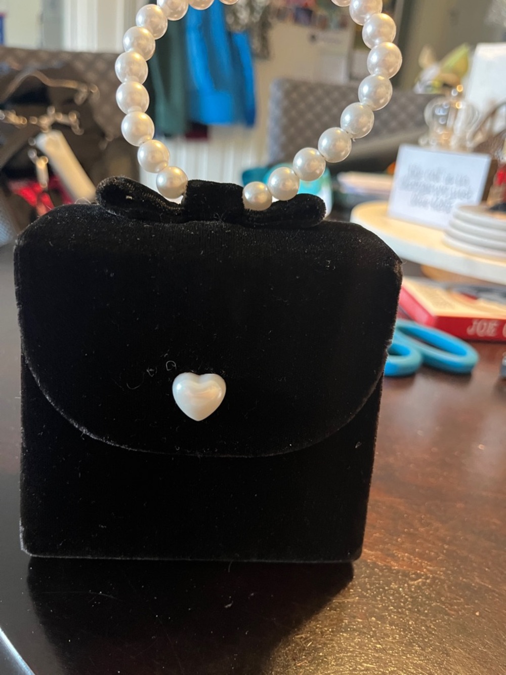 Little Kids Black Velvet Purse with Pearl Handle